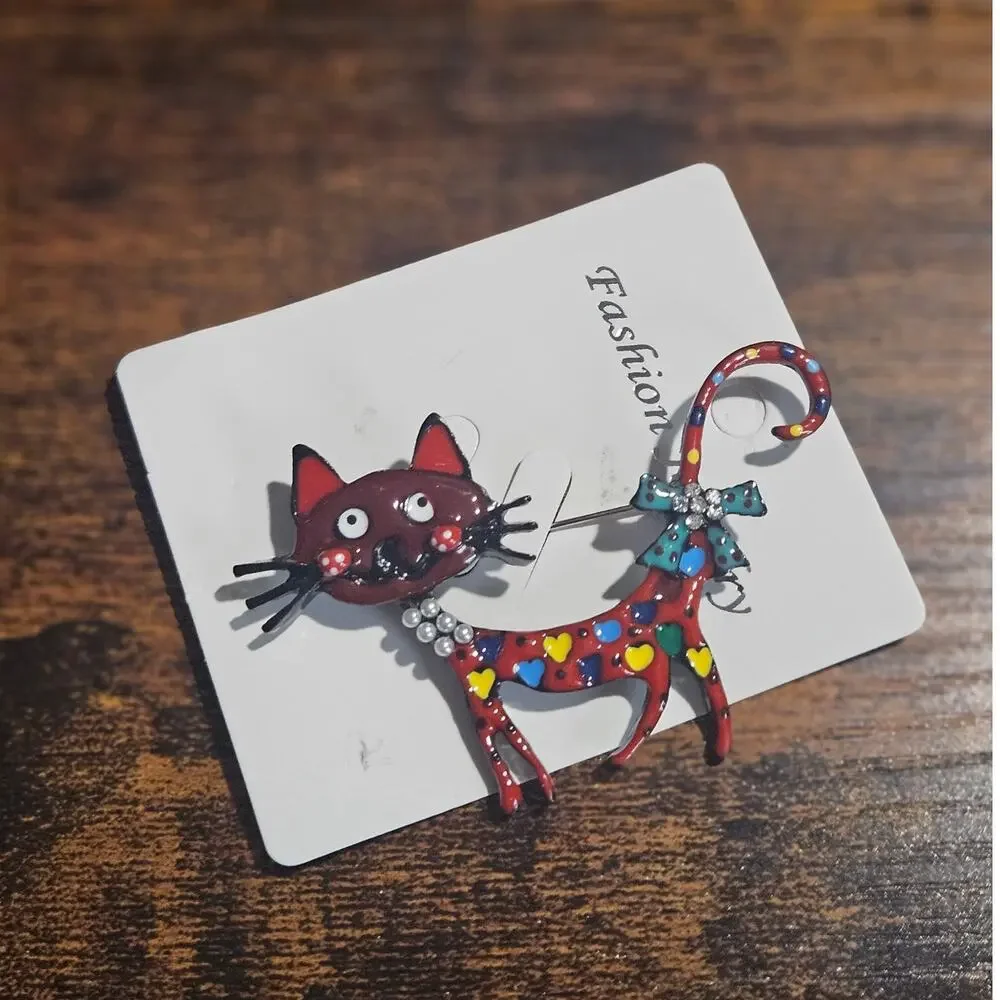 Fashion Jewelry Red Cat Brooch Multicolor Rhinestone Eclectic Grannycore NWT